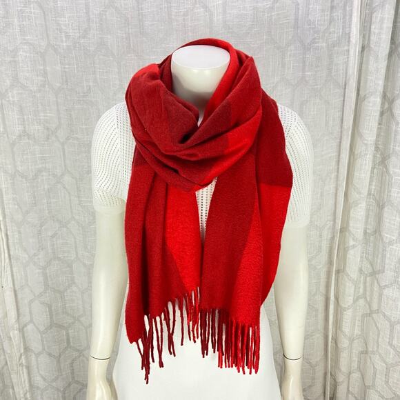 Nina Ricci Pure Cashmere Scarf Fringe Red Burgundy Check Plaid Wrap - Picture 2 of 9